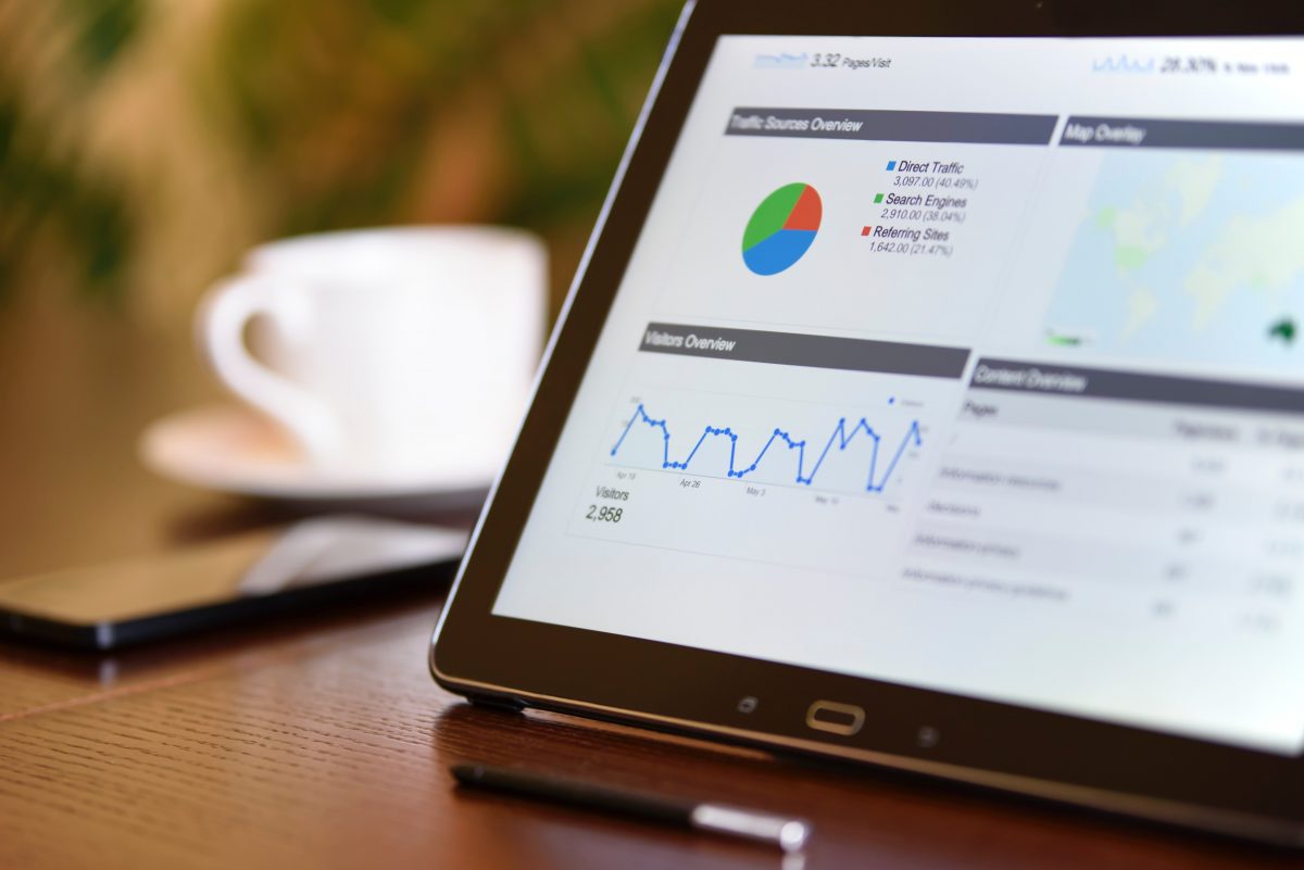 Tablet screen showing business charts dashboard